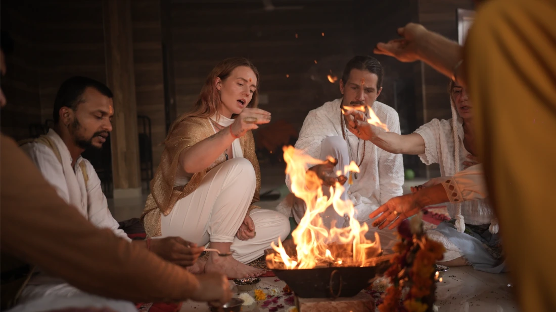 Students at a fire ceremony